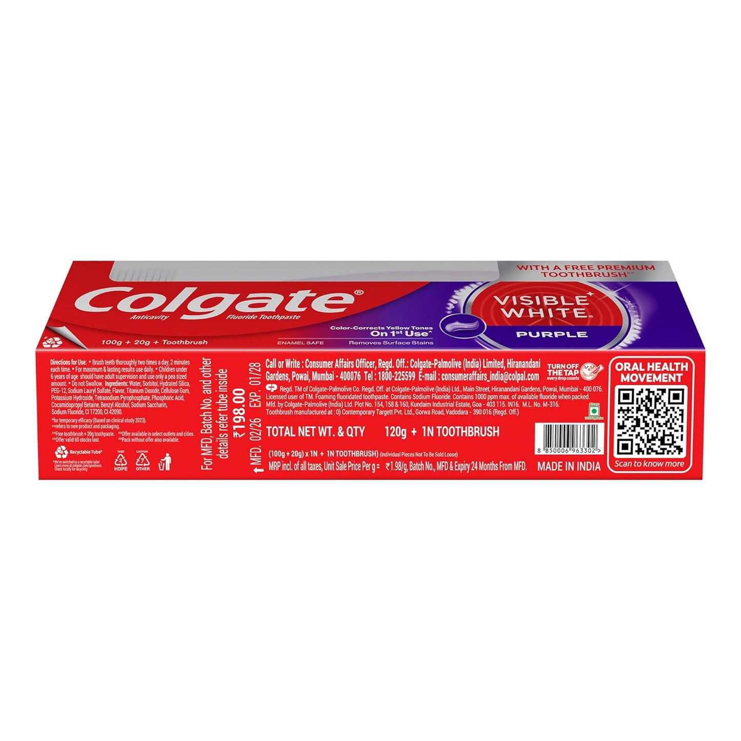 Colgate Visible White Purple Toothpaste and Toothbrush for Teeth Whitening, Helps Remove Surface Stains, Whitens Yellow Teeth, Enamel-Safe for Daily Use, 120g