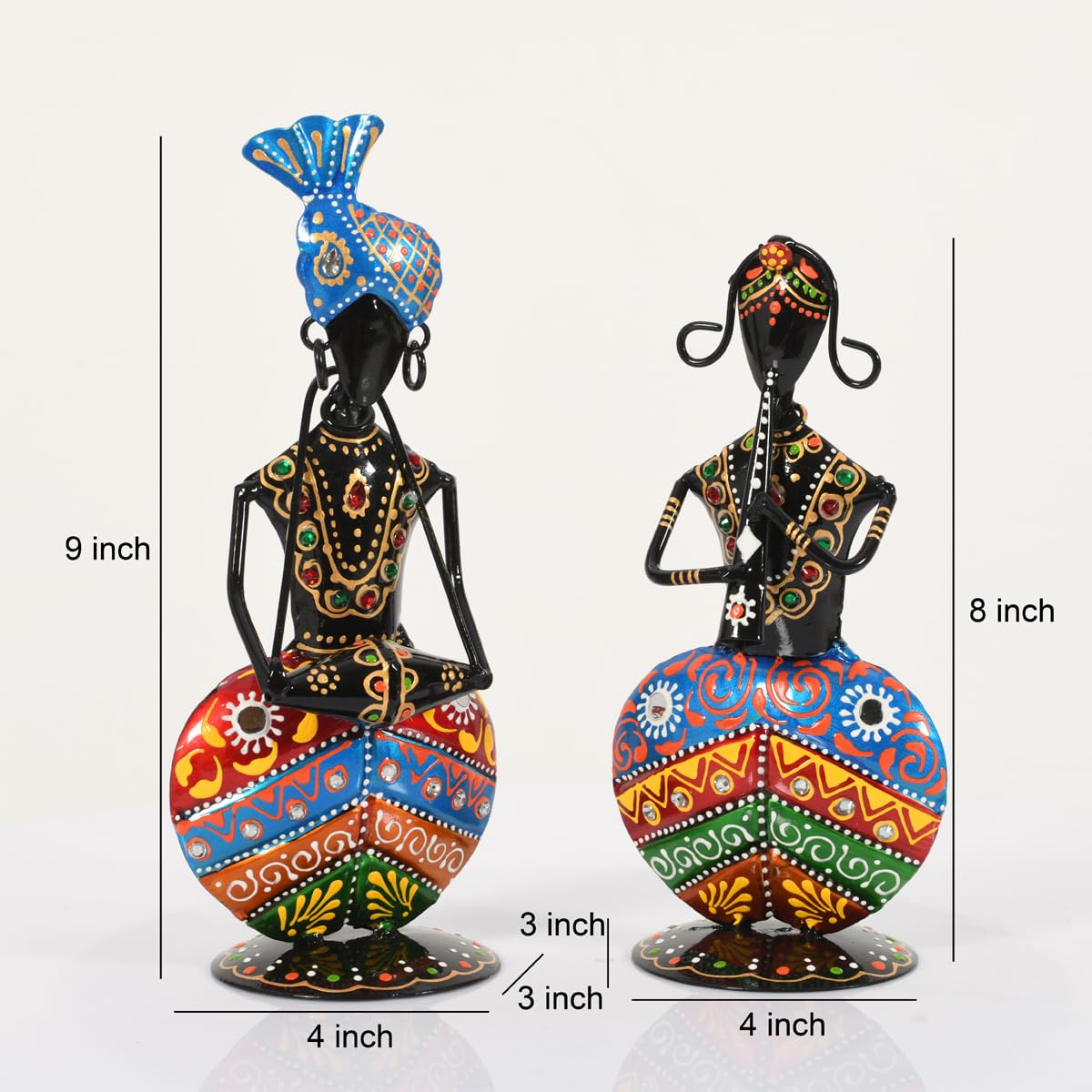 Handcrafted Rajasthani Musician Couple Showpiece Set of 2 | Traditional Metal Folk Art Figurines | Handmade Ethnic Home Decor for Living Room, Office, Shelf & Tabletop | Housewarming Gift