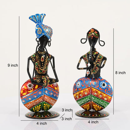 Handcrafted Rajasthani Musician Couple Showpiece Set of 2 | Traditional Metal Folk Art Figurines | Handmade Ethnic Home Decor for Living Room, Office, Shelf & Tabletop | Housewarming Gift