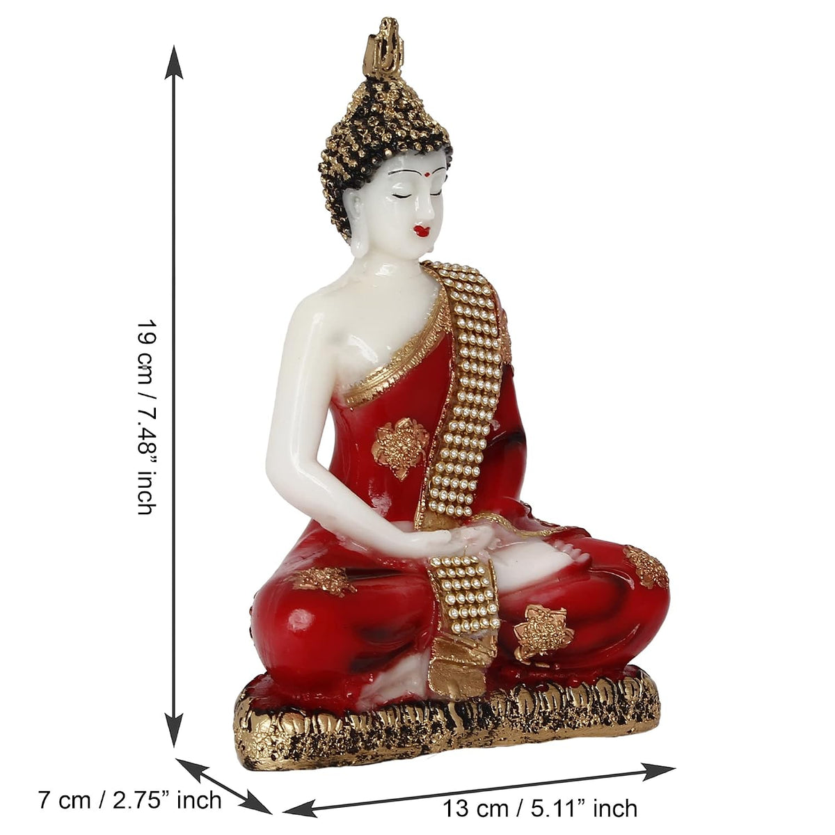White, Red & Golden Polyresin Handcrafted Meditating Lord Buddha Statue - Perfect For Home And Office Decor - Ideal For Meditation, Yoga Enthusiasts - Thoughtful Gift For Diwali, Birthdays