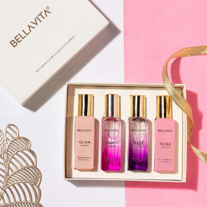 BELLAVITA perfume set with four bottles in a box on a pink and white background