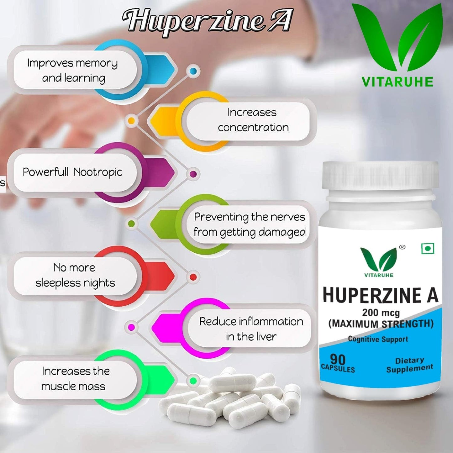 VITARUHE® Huperzine A 200mcg Per Serving, 90 Capsules, (Huperzine A Supplement), Supports Focus, Cognition, Memory and Learning Ability, Premium Brain Health Supplement, No GMOs