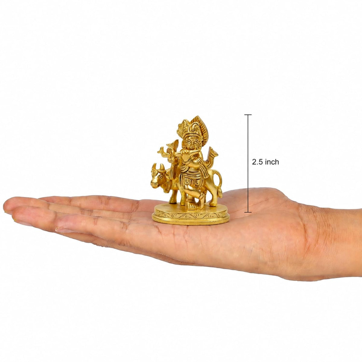 2.5 Inch Pure Brass Krishna Statue with Cow – Handcrafted Idol | Compact Spiritual Murti for Home Temple, Office Table, Puja Room, Festive Decoration & Auspicious Gift