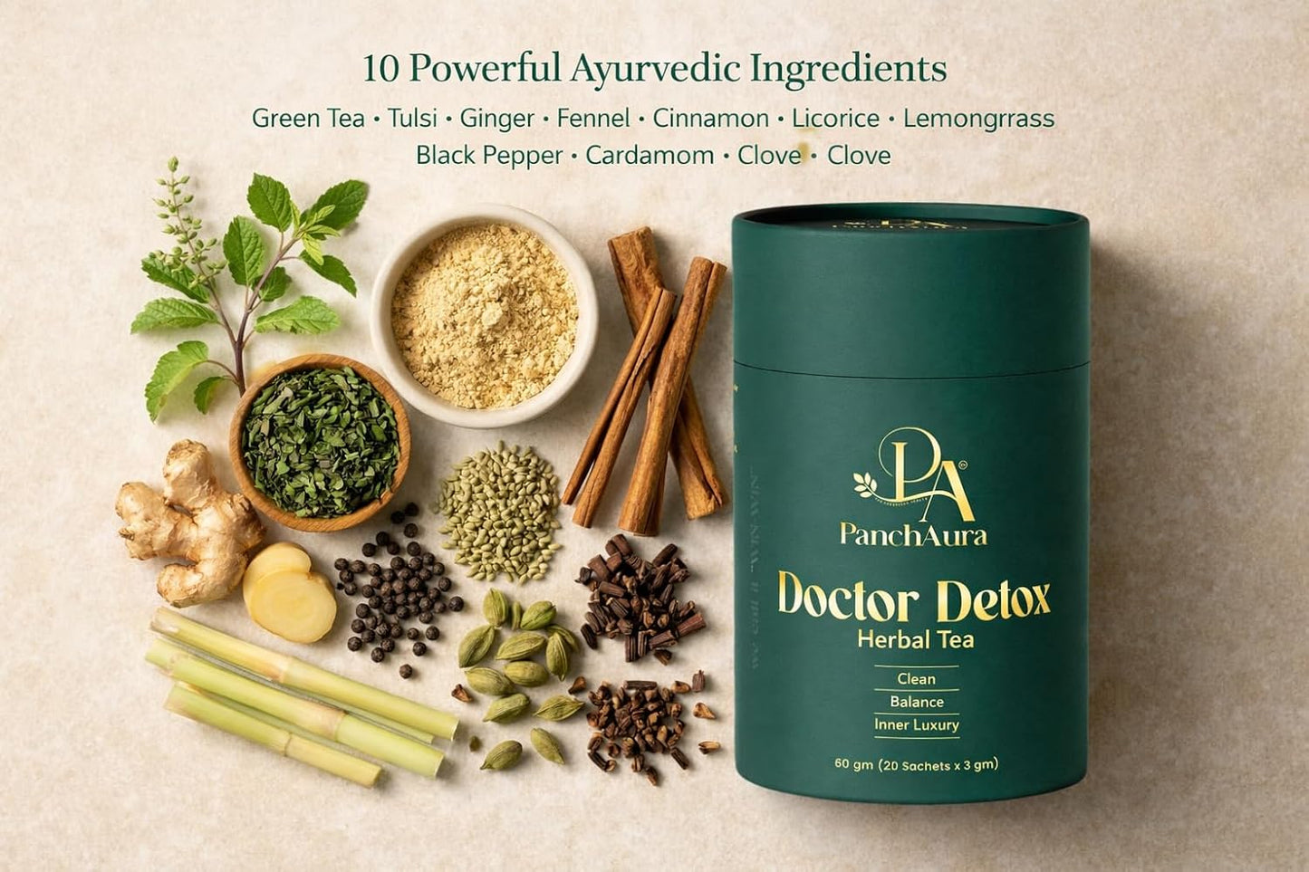 PanchAura Doctor Detox Herbal Tea 60 Cups | Ayurvedic help in Weight Loss, Bloating | Digestion, Gut Health & Immunity | Green Tea, Tulsi, Ginger | Liver Detox & Sleep
