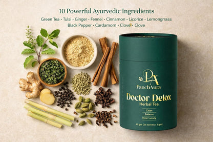 PanchAura Doctor Detox Herbal Tea 60 Cups | Ayurvedic help in Weight Loss, Bloating | Digestion, Gut Health & Immunity | Green Tea, Tulsi, Ginger | Liver Detox & Sleep