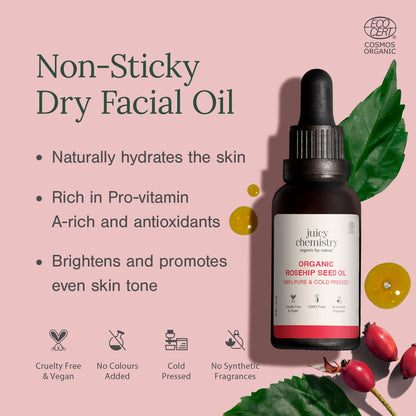 Juicy Chemistry 100% Pure & Certified Organic Rosehip Seed Oil, 30ml | Cold-Pressed & Therapeutic Grade | Fades Scars & Pigmentation | Brightens Skin Tone | Hydrating | Boosts Collagen | Anti Ageing | Dermatologically Tested