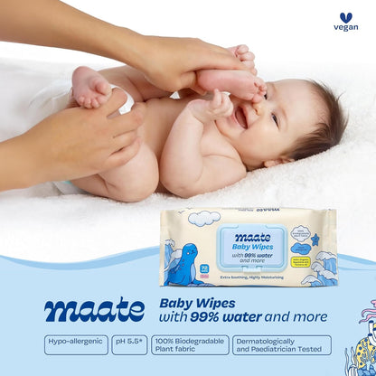 Maate Baby Wipes | Soothing & Hypoallergenic | Infused With Plant Squalane, Tamanu Oil & Aloe Vera | Moisturizing & Hydrating | Wipe for Baby's | Paraben & Sulphate Free (pack of 1, 4 wipes)
