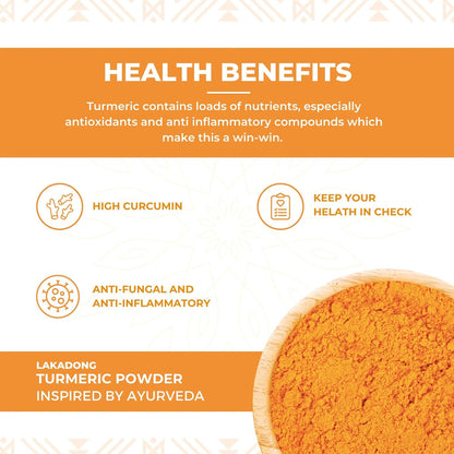 Turmeric powder with health benefits text and icons on a white background