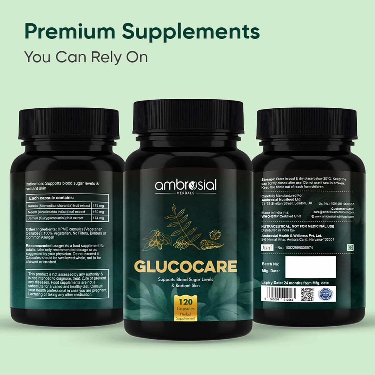 Three bottles of ambrosial Glucocare supplements on a light green background