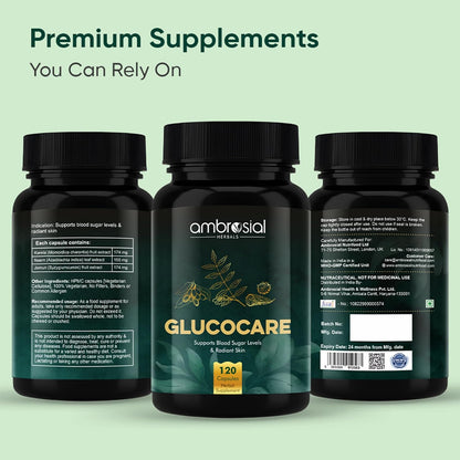 Three bottles of ambrosial Glucocare supplements on a light green background