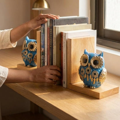 eCraftIndia Wooden Book End with Owl Statue for Good Luck Showpiece for Home Decor Office Table | Gift for Housewarming Birthday
