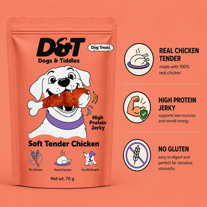 Dogs & Tiddles Soft Chicken Jerky Dog Treats for Puppies & Adult Dogs, 70g | Soft & Chewy High-Protein Dog Snacks | Grain-Free Training Treats & Puppy Rewards| Easily Digestible and Healthy