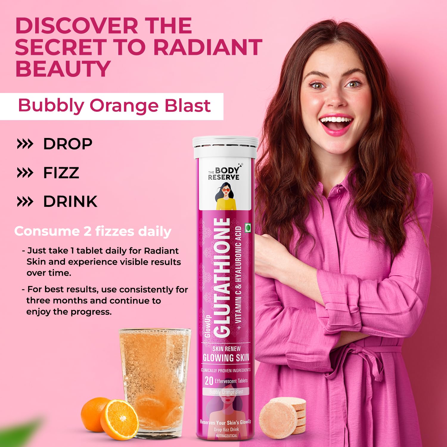Woman in pink robe holding a supplement bottle with text about Glutathione and its benefits on a pink background.