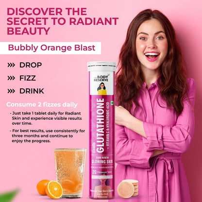Woman in pink robe holding a supplement bottle with text about Glutathione and its benefits on a pink background.