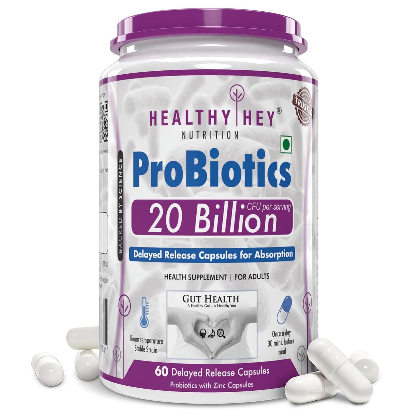 Probiotics supplement container with 'Healthy Hey Nutrition' branding on a white background
