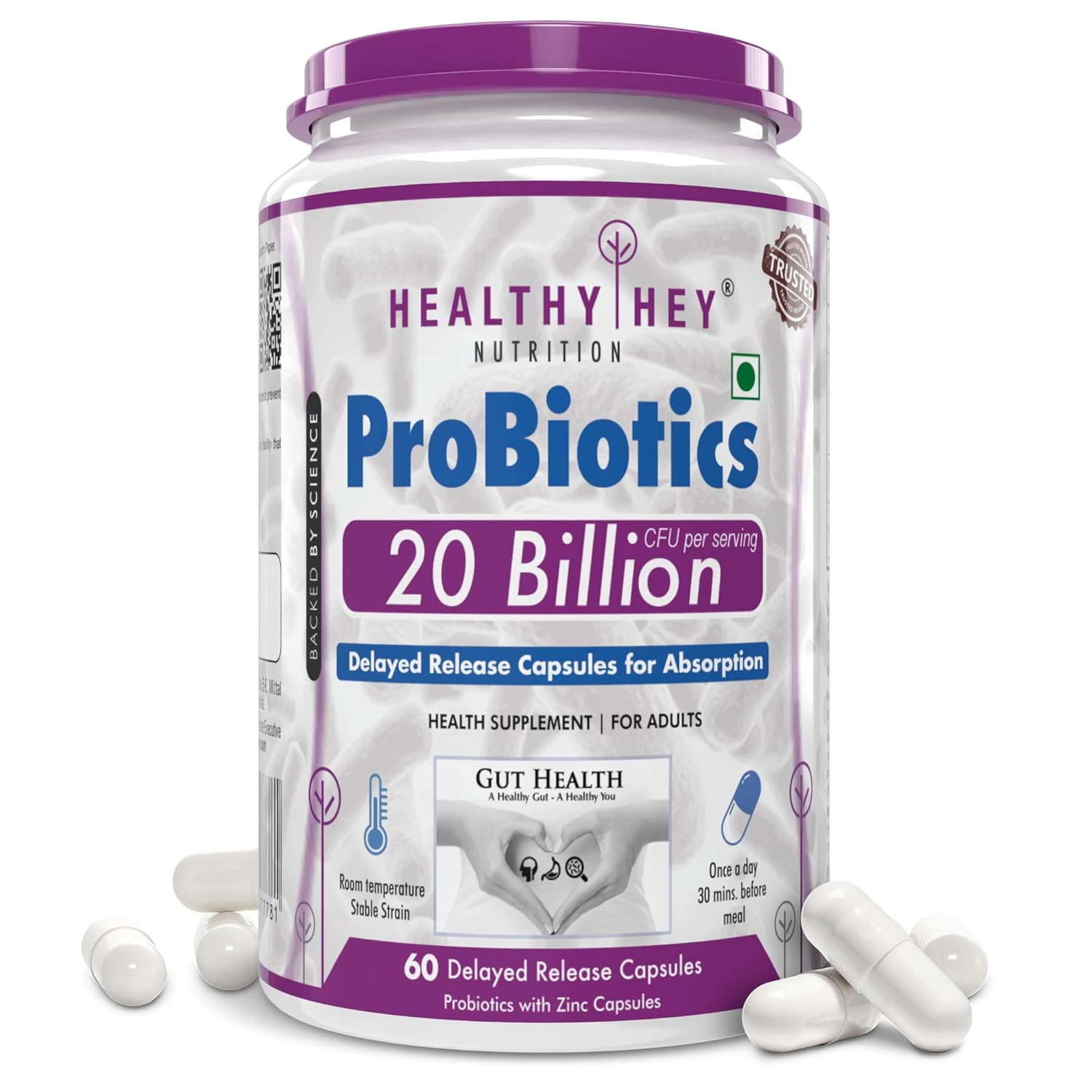 Probiotics supplement container with 'Healthy Hey Nutrition' branding on a white background