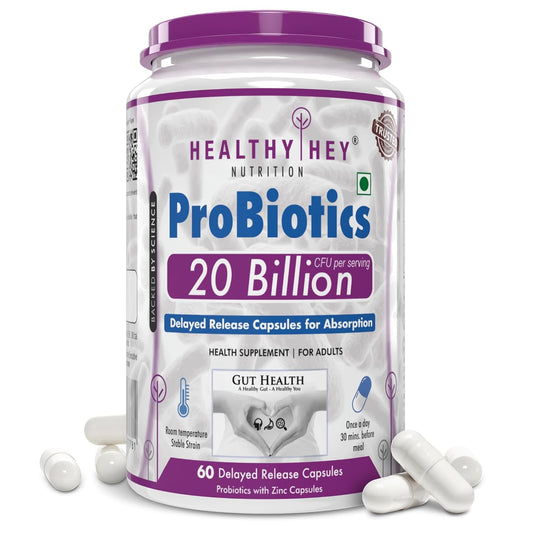 Probiotics supplement container with 'Healthy Hey Nutrition' branding on a white background