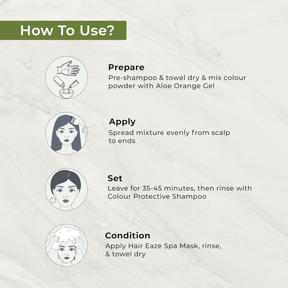 Instructions on how to use a hair care product with icons and text on a textured background.