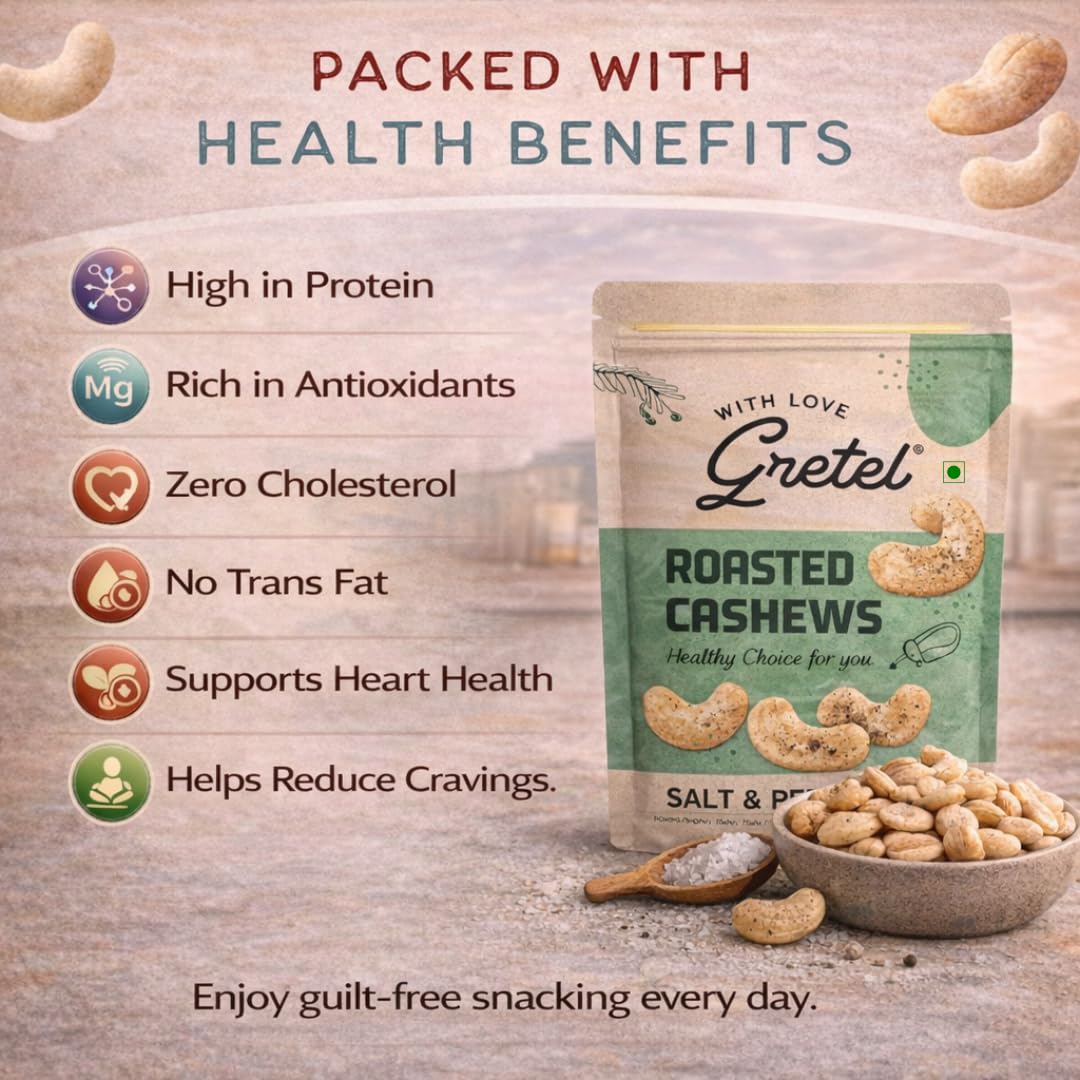 Gretel Salt & Pepper Roasted Cashews 200 gm | Crunchy Kaju Nuts | Rich in Protein & Antioxidants | Zero Cholesterol Dry Fruits | Vegetarian Healthy Snack | Brand of Singapore |