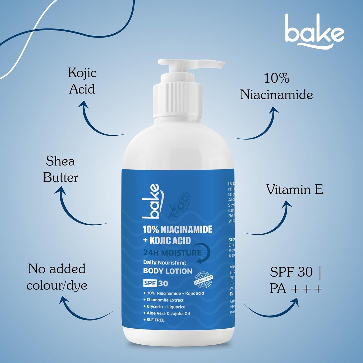 BAKE 10% Niacinamide Body Lotion SPF 30 with Kojic Acid for Acne Marks & Dark Spots, Pigmentation, Tan Removal | For Women & Men | 200ml