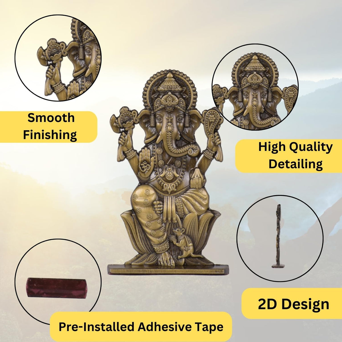 Gajanan Ganesh Ji Idol for Car Dashboard – Brass Finish Ganesh Ji Statue Spiritual Decor for Home, Car & Temple (S982-BRS)