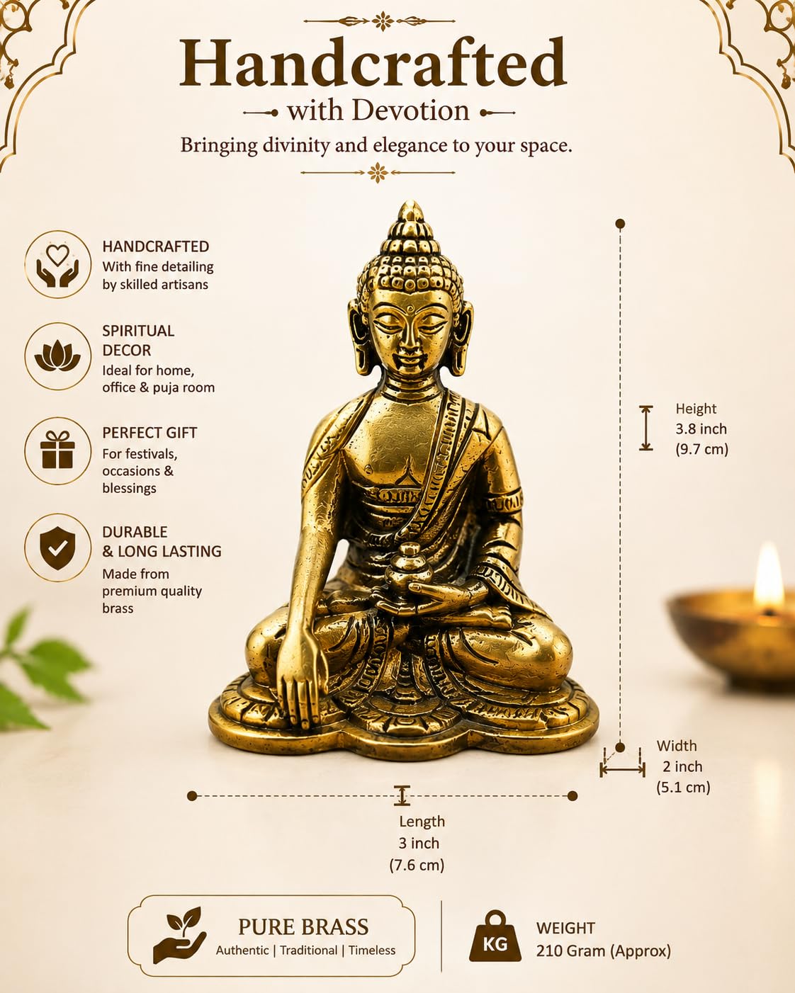 Handcrafted Brass Buddha Statue for Home Decor | Meditation Buddha Idol | Spiritual Decorative Showpiece for Puja Room, Office & Living Room | Height 3.8 Inch, Length 3 Inch, Width 2 Inch