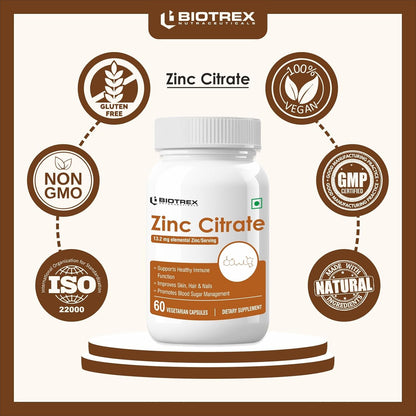 Biotrex Nutraceuticals Zinc Citrate Supplement | Immunity & Growth | Better Immune System & Overall Healing | Well Absorbed Zinc | 60 Veg Capsules