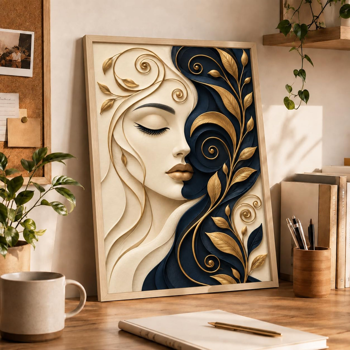 Framed Laminated Wall Art, Luxury Abstract Woman Portrait, 3D Effect Decorative Art Print for Living Room and Bedroom, Set of 1
