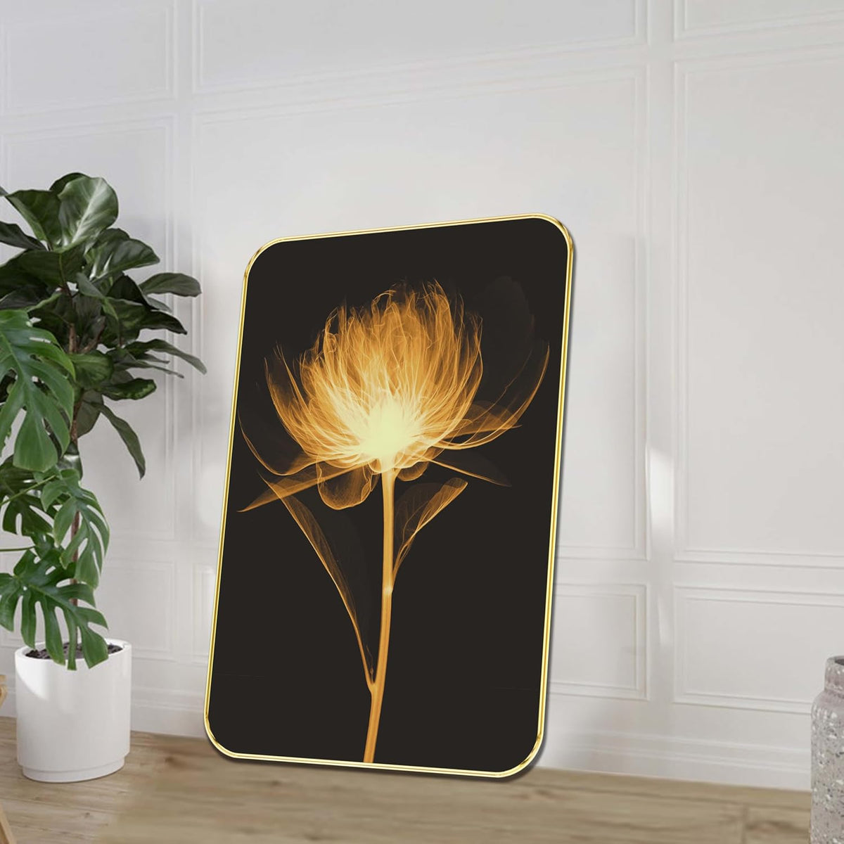 Golden Bloom Wall Painting | Glowing Single Flower Artwork with Black Background | Premium MDF Frame Decorative Art for Living Room, Bedroom, Office & Home Décor (19 x 13 Inch) MG01-1039