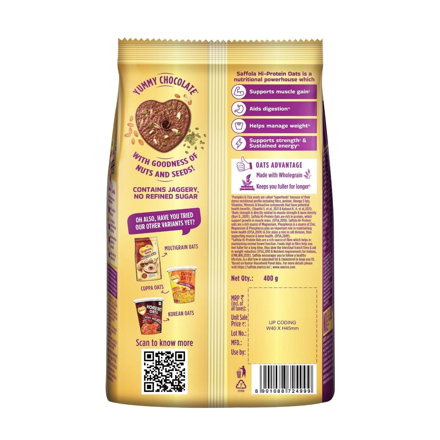 Saffola 25g High Protein Oats | 14g High Fibre | Chocolate flavour | No Refined Sugar | With Almonds, Raisin, Pumpkin and Chia Seeds | Rolled Oats for Weight management & Muscle gain