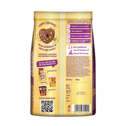 Saffola 25g High Protein Oats | 14g High Fibre | Chocolate flavour | No Refined Sugar | With Almonds, Raisin, Pumpkin and Chia Seeds | Rolled Oats for Weight management & Muscle gain