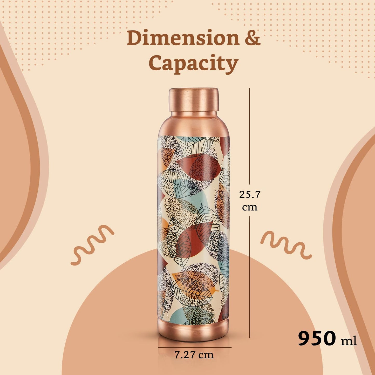 Copper-colored water bottle with a patterned design on a beige background, showing dimensions and capacity.