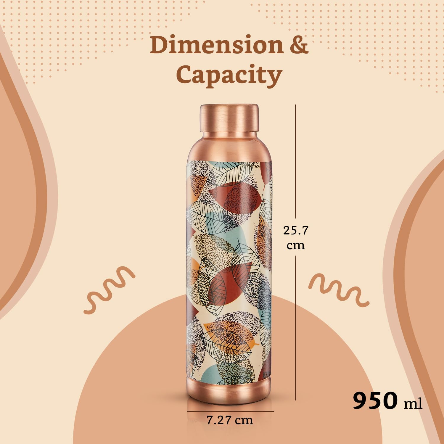 Copper-colored water bottle with a patterned design on a beige background, showing dimensions and capacity.