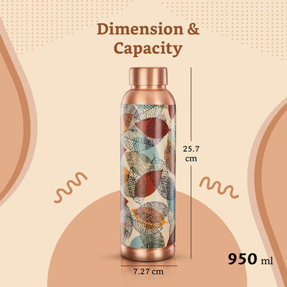 Copper-colored water bottle with a patterned design on a beige background, showing dimensions and capacity.