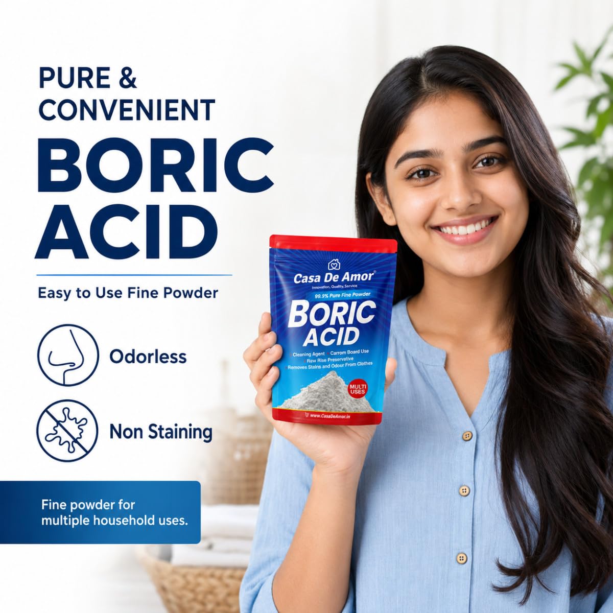 Casa De Amor Boric Acid - 99.9% Pure Fine Powder (100 gms) | Highly Effective for Removing Pests Cockroaches, Ants, Silverfishes, for Carrom Board, Rice Preservative, Multi-Purpose, Anhydrous