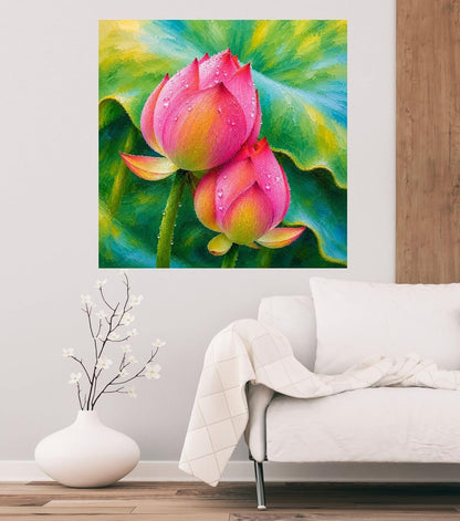 Lotus Flower Painting for Wall Vastu (15+ DESIGNS) Framed Lotus Canvas Painting for Living Room, Bedroom | Nature Floral Wall Art with Multiple Design Variations (Dark Pink Lotus, 18x18 Inch, Framed)
