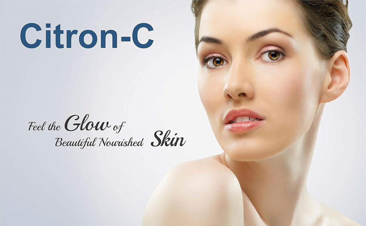 Woman with smooth skin on a light gray background with 'Citron-C' branding.