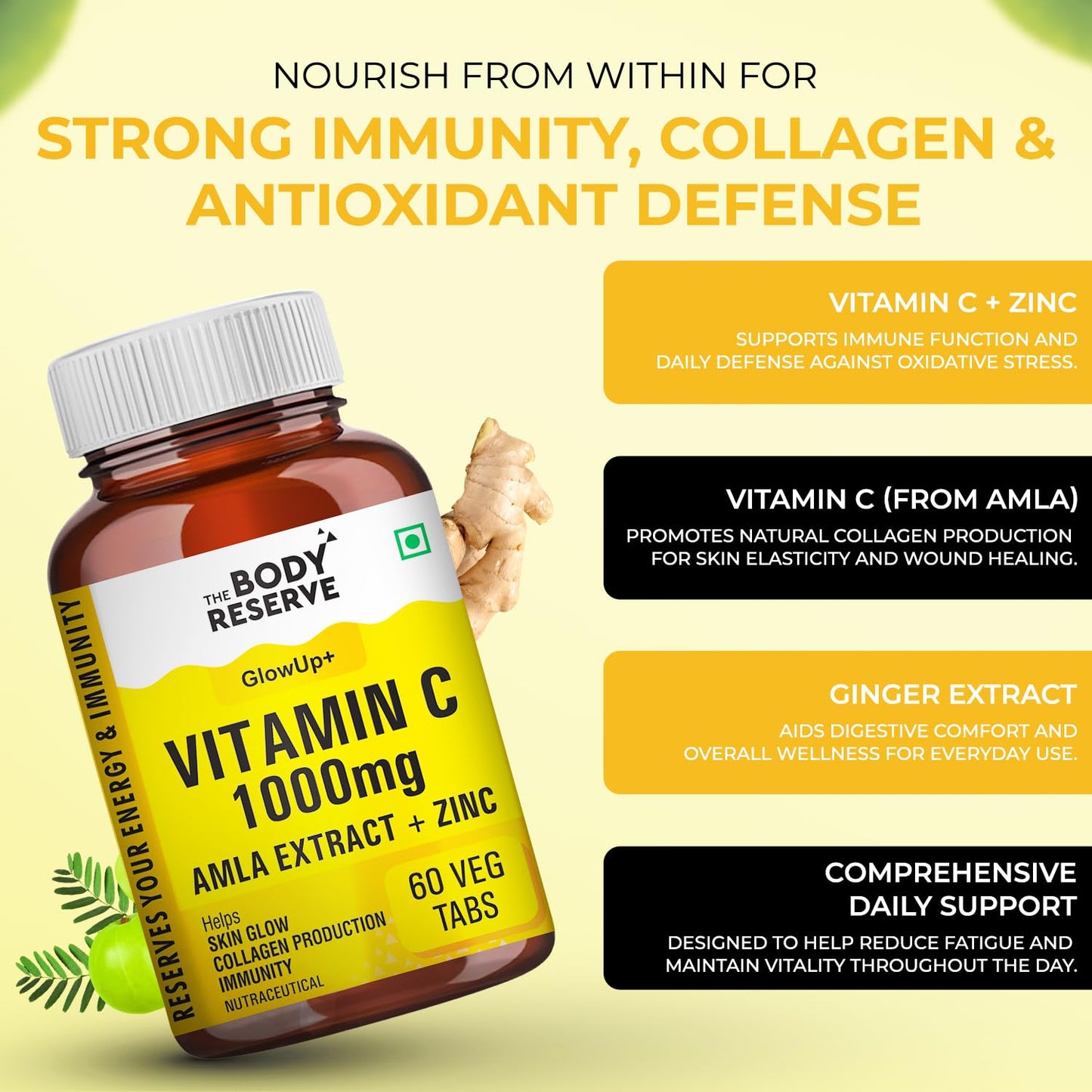 Vitamin C supplement bottle with text highlighting benefits on a yellow background