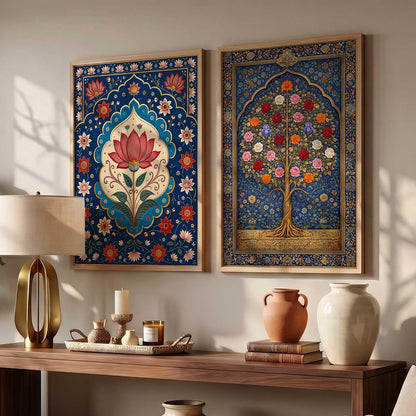 Decorative Indian Traditional Madhubani Wall Art Home Decor Painting poster With Frame For Living Room Bed Room Hotel Wall Decor Digital Reprint Set of 2 (13X17 inch)