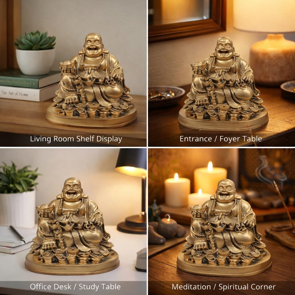 Laughing Buddha Statue for Gift, Home Decor & Good Luck |Feng Shui Buddha Idol for Wealth, Prosperity & Positivity|Vastu Showpiece Item for Office & Living Room (5 Inches | Resin | Golden)