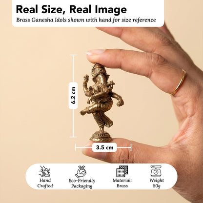 100% Pure Brass Dancing Ganesha Idol (Size: 6.2cm) | Pital Ganesh Murti for Pooja Room, Home Decor, Office Desk and Car Dashboard | Vinayagar Statue for Diwali Puja