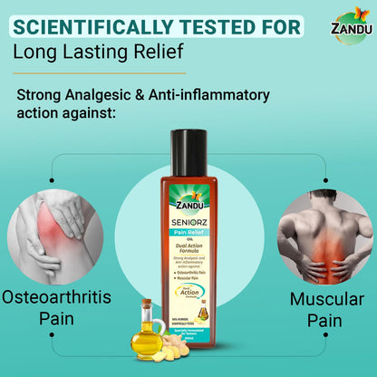Zandu Seniorz Pain Relief Oil, 200ml, Helps Reduce Joint & Muscular Pain, Long lasting relief from Knee, Neck, Back, Shoulder, Wrist Pain, 100% Ayurvedic & Natural