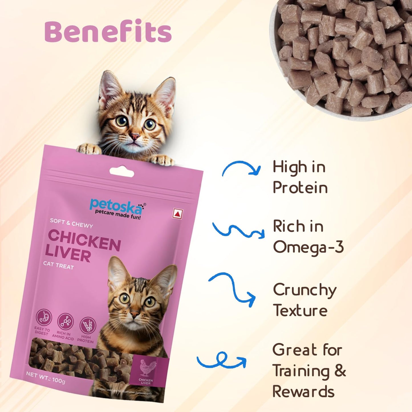 Petoska Chicken Liver Cat Treats – 100g | Air-Dried Real Chicken & Liver Bites with Taurine & Omega-3 | Chewy High-Protein Snack for Digestion & Muscle Growth | Kittens & Adult Cats