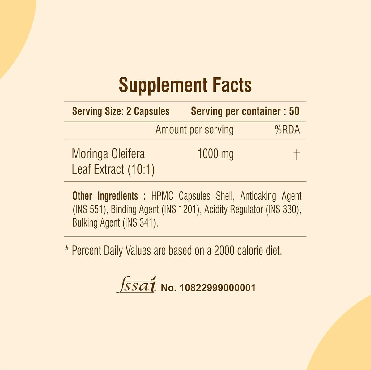 Supplement facts label with Moringa Oleifera Leaf Extract on a beige background