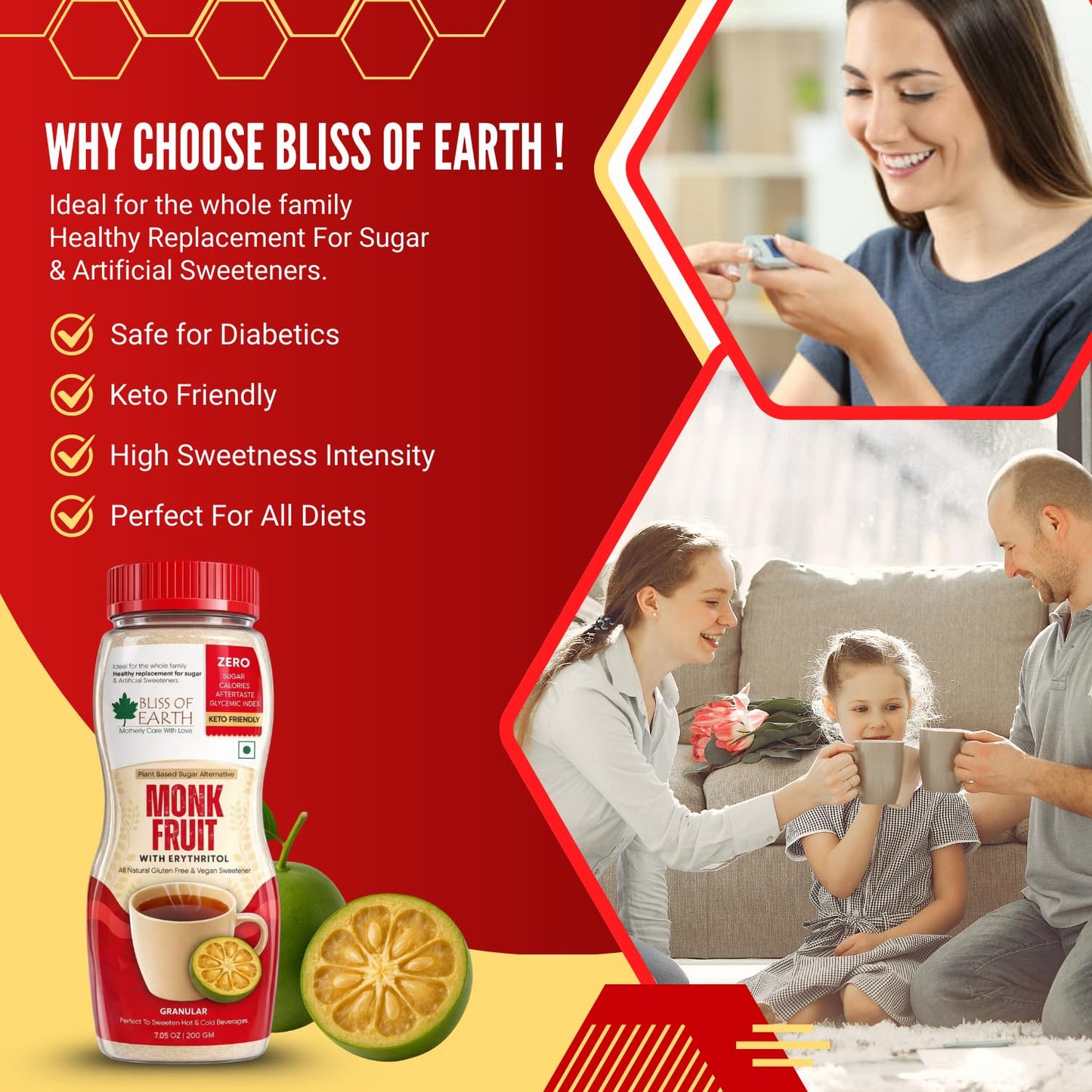 Bliss of Earth Monk Fruit Sweetener with Erythritol 200gm (Golden), 1:1 Zero Calorie Sugar Alternative, Keto Friendly, No Aftertaste, Zero Glycaemic Natural Sweetener,