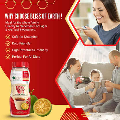 Bliss of Earth Monk Fruit Sweetener with Erythritol 200gm (Golden), 1:1 Zero Calorie Sugar Alternative, Keto Friendly, No Aftertaste, Zero Glycaemic Natural Sweetener,