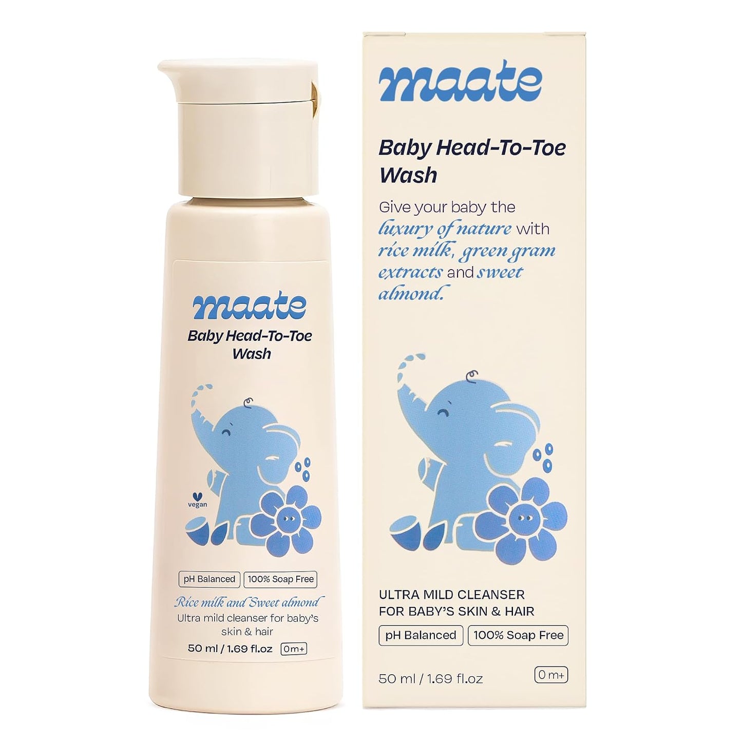 Maate Baby Head to Toe Wash 50 ml | Baby Hair & Body Wash for Bath | Aloe Vera, Almond Oil, Rice Milk & Calendula | Gentle, Soap & Tear Free, pH Balanced Cleanser | For Newborns, Infants & Babies 0m+