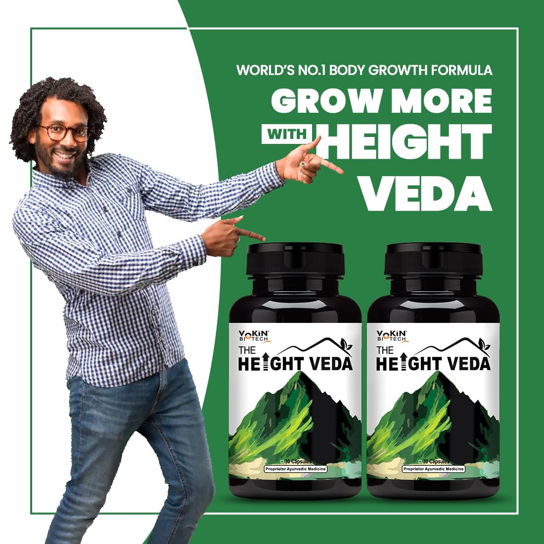 Man pointing at two bottles of 'The Height Veda' supplement with promotional text on a green background.