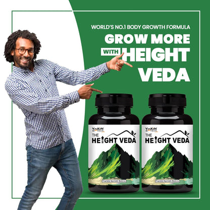 Man pointing at two bottles of 'The Height Veda' supplement with promotional text on a green background.
