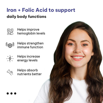 HealthKart hk vitals Iron + Folic Acid Supplement (60 Capsules) | With Zinc, Vitamin C & Vitamin B12, Supports Blood Building | Immunity and Energy
